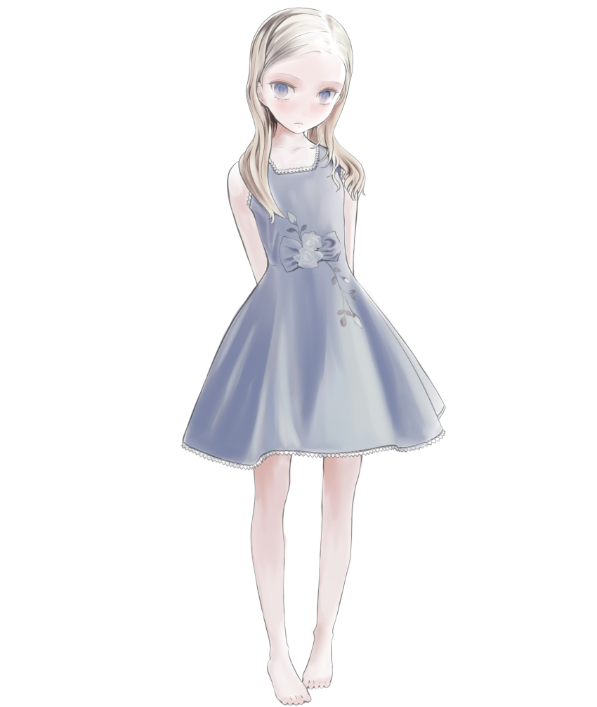 1girl absurdres arms_behind_back barefoot blue_dress blue_eyes blush dress expressionless full_body grey_hair highres long_hair looking_at_viewer mocha_(snowflake) original simple_background solo toes white_background