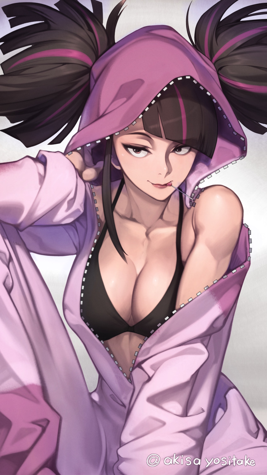 1girl akisa_yositake black_bra black_hair bra breasts candy cleavage food food_in_mouth hair_through_hood han_juri highres lollipop looking_at_viewer multicolored_hair off_shoulder official_alternate_costume official_alternate_hairstyle onesie open_pajamas pajamas smile solo streaked_hair street_fighter street_fighter_6 underwear