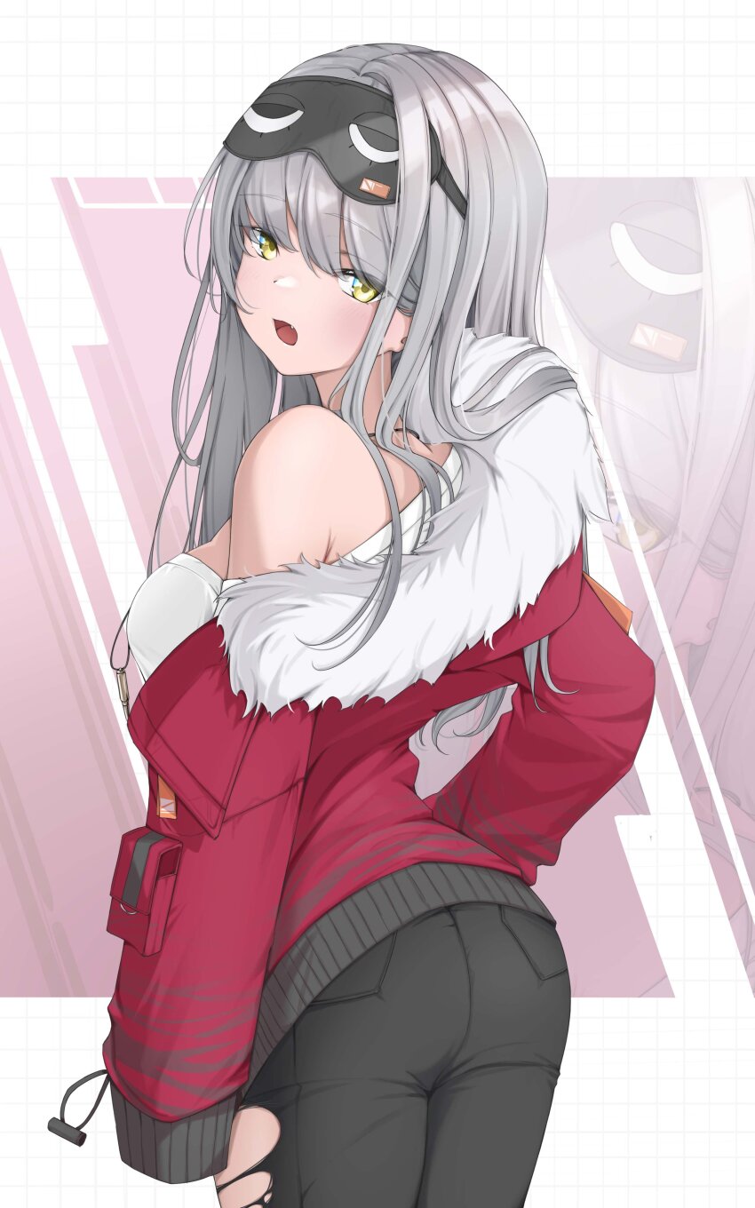 1girl absurdres ass bare_shoulders black_pantyhose frima_(nikke) from_behind fur_collar goddess_of_victory:_nikke grey_hair hairu_821 highres jacket long_hair looking_at_viewer looking_back off-shoulder_jacket off_shoulder open_mouth pants pantyhose red_jacket shirt sleep_mask solo torn_clothes torn_pants white_shirt yellow_eyes zoom_layer