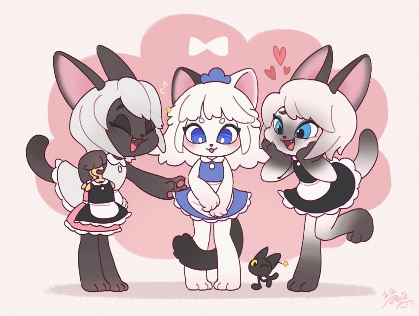 3girls :d animal_ears apron artist_name black_dress black_fur blue_dress blush cat_ears cat_girl cat_tail closed_eyes dress fangs full_body furry furry_female gradient_fur hands_on_own_cheeks hands_on_own_face heart highres holding holding_unworn_clothes hua_hua_de_meme leg_up long_hair maid multiple_girls open_mouth original pink_background signature smile standing standing_on_one_leg tail waist_apron white_apron white_dress white_fur white_hair