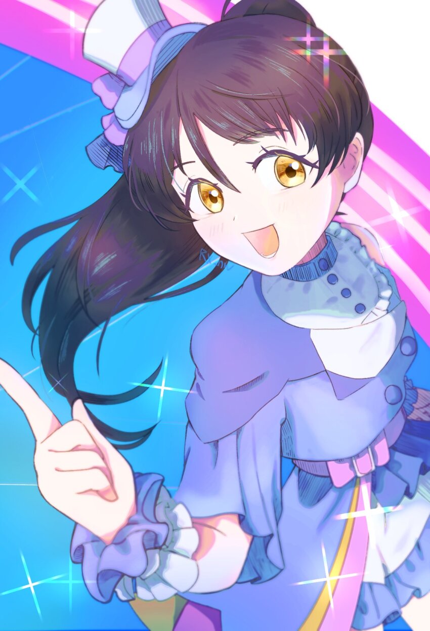 1girl :d asymmetrical_jacket black_hair blue_jacket blue_skirt blush hat hazuki_ren high_ponytail highres index_finger_raised jacket long_hair love_live! love_live!_superstar!! lower_teeth_only mini_hat mini_top_hat nabi_shibu open_mouth ponytail short-sleeved_jacket short_sleeves signature skirt smile solo sparkle teeth top_hat upper_body yellow_eyes