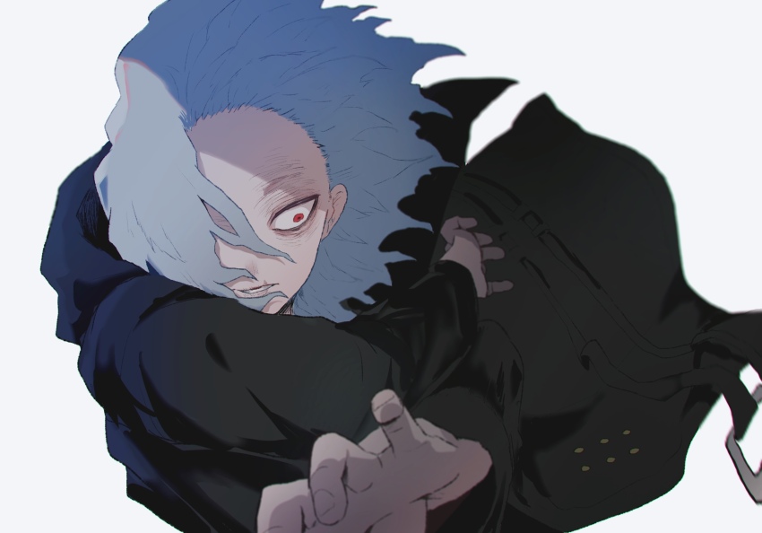 1boy ametaro_(ixxxzu) black_coat boku_no_hero_academia coat grey_hair highres male_focus medium_hair red_eyes shigaraki_tomura simple_background solo white_background wrinkled_skin