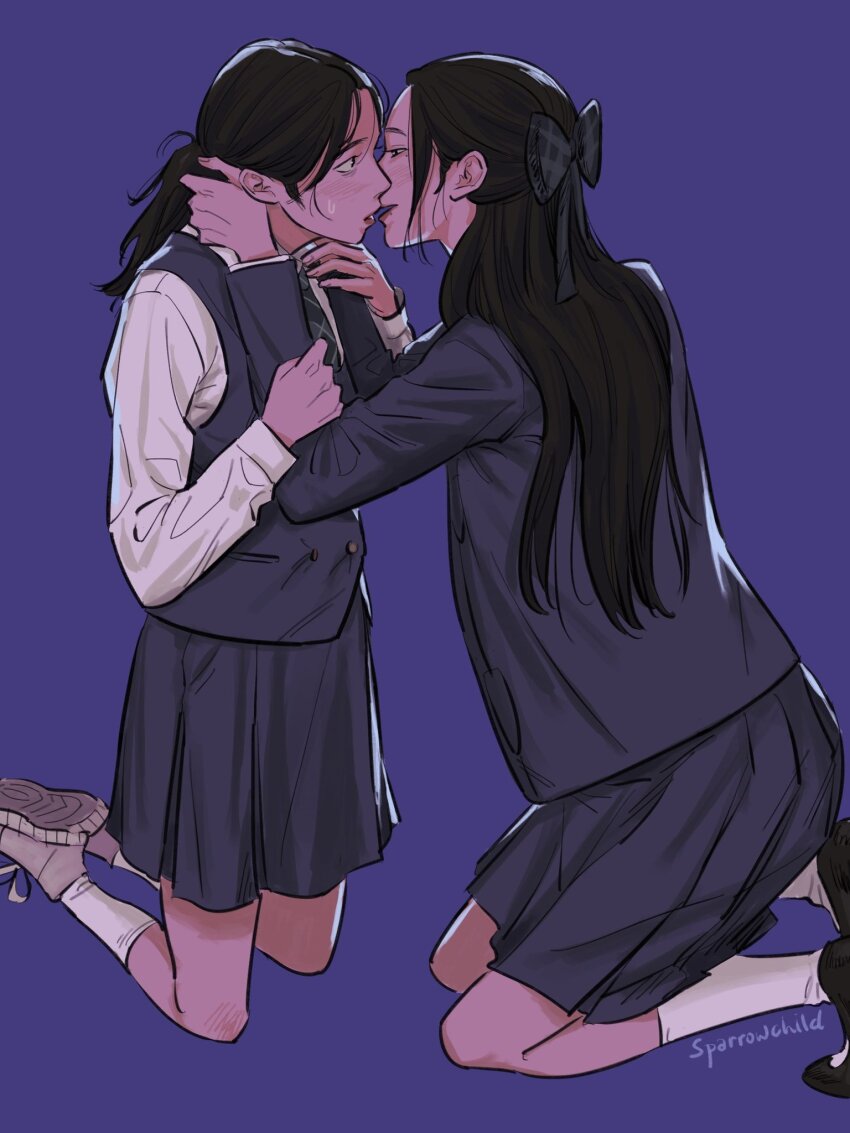 2girls black_bow black_hair black_shoes blazer blue_background bow brown_shoes collared_shirt commentary friendly_rivalry hair_bow half_updo hand_on_another&#039;s_wrist hands_on_another&#039;s_neck hashtag-only_commentary highres imminent_kiss jacket kneeling long_sleeves low_ponytail multiple_girls necktie ponytail school_uniform shirt shoes signature simple_background skirt socks sparr0wchild vest white_shirt white_socks woo_seul-gi yoo_je-i yuri