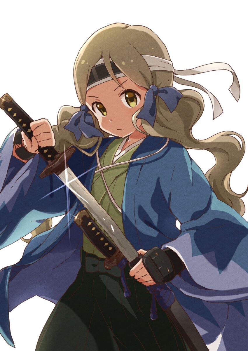 1girl absurdres arm_guards blue_haori blue_ribbon blush bow breasts brown_hair buchi_(y0u0ri_) closed_mouth cosplay cowboy_shot daishou dot_nose glint green_hakama green_kimono hachimaki hair_bow hair_ribbon hakama handa_roco haori headband highres holding holding_sword holding_weapon idolmaster idolmaster_million_live! idolmaster_million_live!_theater_days japanese_clothes katana kimono long_hair looking_at_viewer parted_bangs ribbon shinsengumi simple_background small_breasts solo standing sword v-shaped_eyebrows very_long_hair wakazashi weapon white_background yellow_eyes