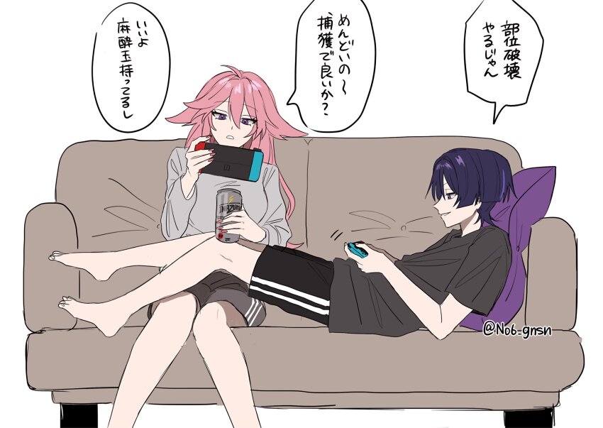 1boy 1girl animal_ears barefoot black_shirt black_socks blue_eyes blue_hair can contemporary couch drink_can genshin_impact grey_skirt hair_between_eyes head_on_pillow highres holding holding_can knees_together_feet_apart long_hair long_sleeves looking_at_object looking_down lying nintendo_switch no6_gnsn on_back on_couch parted_lips pillow pink_hair playing_games purple_eyes scaramouche_(genshin_impact) shirt short_hair short_sleeves shorts simple_background sitting skirt smile socks soda soda_can speech_bubble translation_request wanderer_(genshin_impact) white_background yae_miko