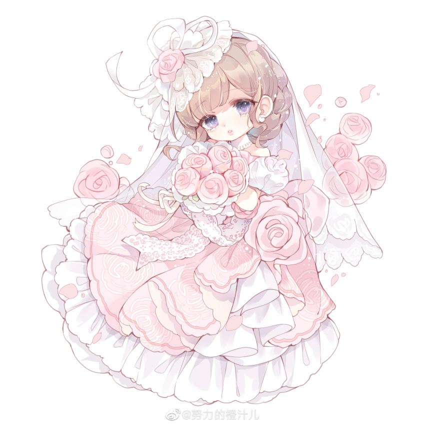 1girl absurdres bare_shoulders blunt_bangs border bouquet braid bridal_veil bride brown_hair chibi coat detached_collar dot_nose dress earrings eyelashes floral_print flower frilled_dress frilled_sleeves frills full_body gown hair_flower hair_ornament hair_ribbon heart heart_earrings high_collar highres holding holding_bouquet jewelry lace-trimmed_veil lace_trim layered_dress layered_sleeves light_blush light_particles lipstick long_dress long_hair long_sleeves love_like_a_poem_(miracle_nikki) makeup miracle_nikki nikki_(series) nuli_de_chengzhi_er off-shoulder_dress off_shoulder parted_lips petals pink_dress pink_flower pink_lips pink_rose puffy_short_sleeves puffy_sleeves purple_eyes ribbon rose rose_petals rose_print short_over_long_sleeves short_sleeves simple_background single_braid solo standing three-quarter_sleeves veil watermark wedding_dress weibo_watermark white_background white_coat white_dress white_ribbon white_veil