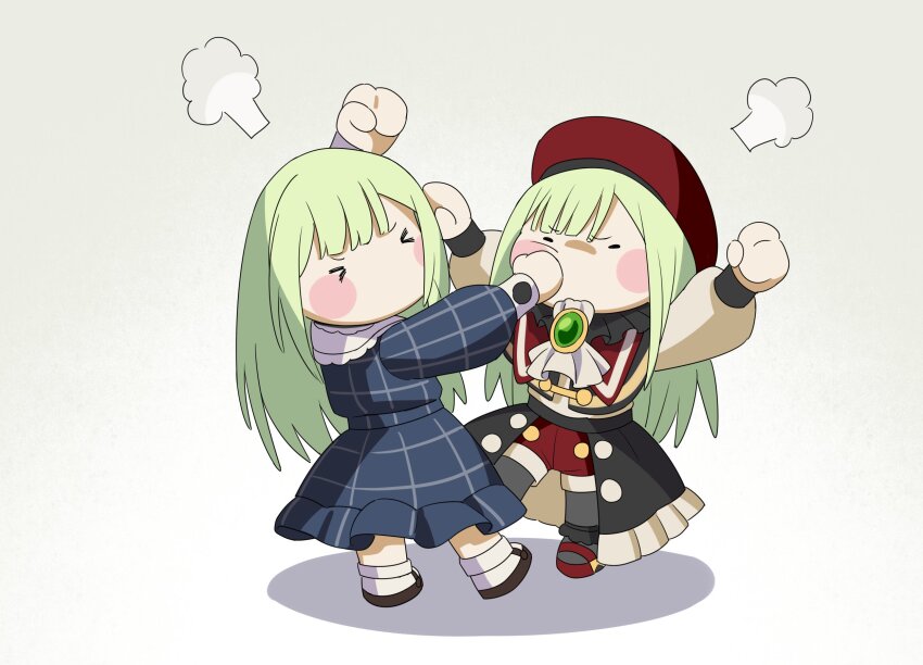 &gt;_&lt; 2girls arms_up ascot bang_dream! bang_dream!_it&#039;s_mygo!!!!! black_pantyhose blue_dress blush_stickers closed_eyes dress dual_persona fighting green_brooch green_hair hashtag-only_commentary hat highres long_hair long_sleeves mortis_(bang_dream!) mortis_(doll)_(bang_dream!) multiple_girls pantyhose plaid_clothes plaid_dress punching red_hat red_shorts shadow shorts socks wakaba_mutsumi white_ascot white_socks yzj21333