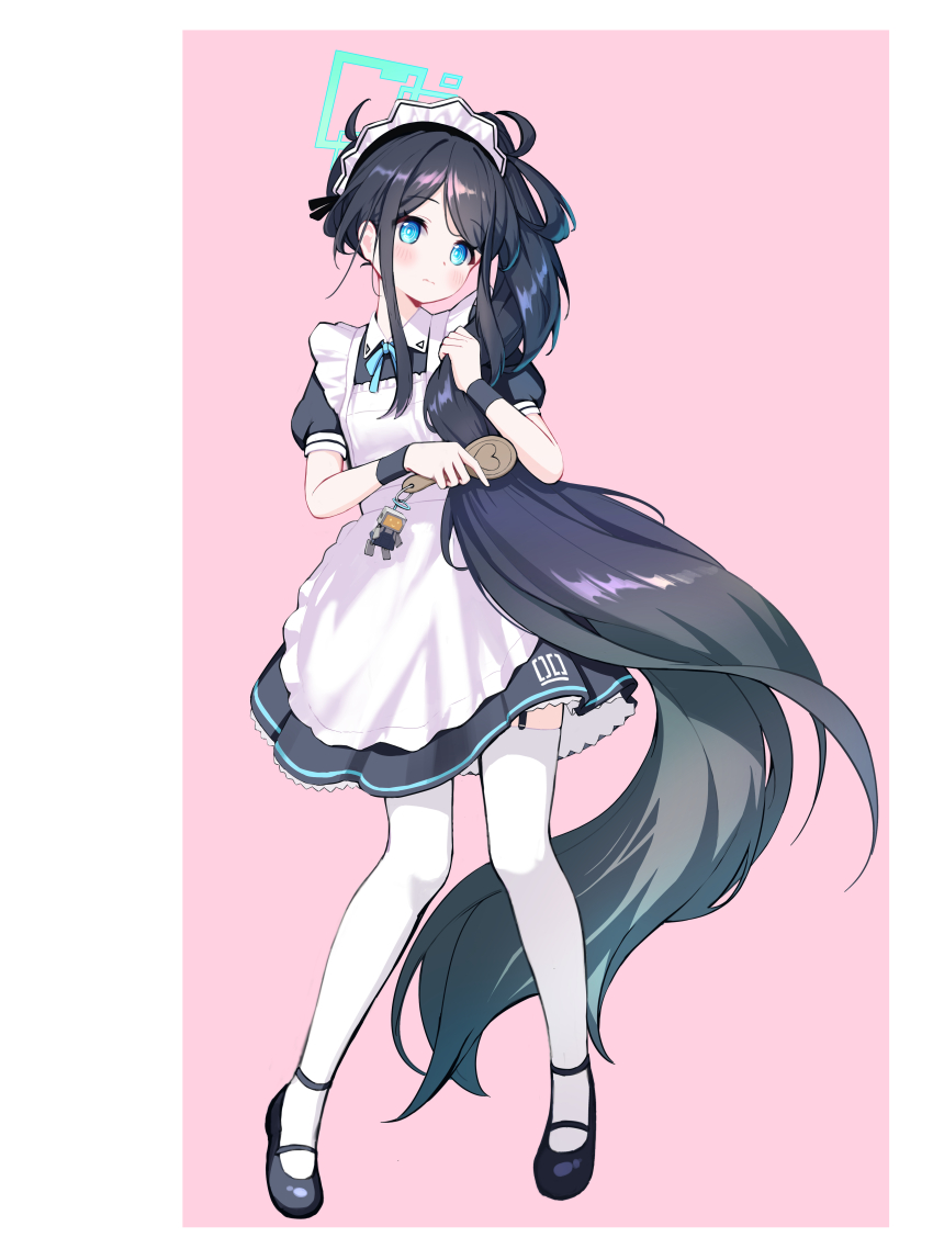 1girl absurdly_long_hair absurdres apron aris_(blue_archive) aris_(maid)_(blue_archive) black_dress black_footwear black_hair black_ribbon black_wristband blue_archive blue_eyes blue_ribbon blush brushing_hair brushing_own_hair closed_mouth collared_dress commentary_request dress eyelashes frilled_apron frills full_body garter_straps hair_brush hair_ornament hair_ribbon halo hand_up heart highres holding holding_hair_brush holding_own_hair long_hair looking_at_viewer maid maid_apron maid_headdress mary_janes neck_ribbon official_alternate_costume parted_bangs pink_background ponytail puffy_short_sleeves puffy_sleeves ribbon shoes short_sleeves sidelocks simple_background solo standing supersugar swept_bangs thighhighs two-tone_background very_long_hair white_apron white_background white_thighhighs wing_collar wristband