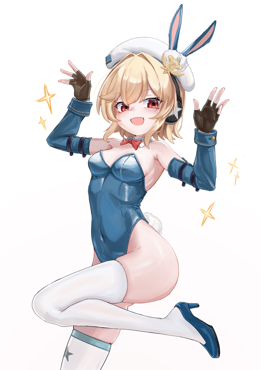 1girl absurdres asymmetrical_legwear beret blonde_hair blue_footwear blue_leotard bow bowtie breasts covered_navel detached_collar detached_sleeves fake_tail fingerless_gloves fingernails girls&#039;_frontline girls&#039;_frontline_2:_exilium gloves hair_intakes hands_up hat headphones high_heels highres leg_up leotard looking_at_viewer medium_breasts medium_hair nagant_revolver_(girls&#039;_frontline) open_mouth playboy_bunny red_bow red_eyes shenqi_xiaohuang solo sparkle sweatdrop tail thighhighs white_thighhighs