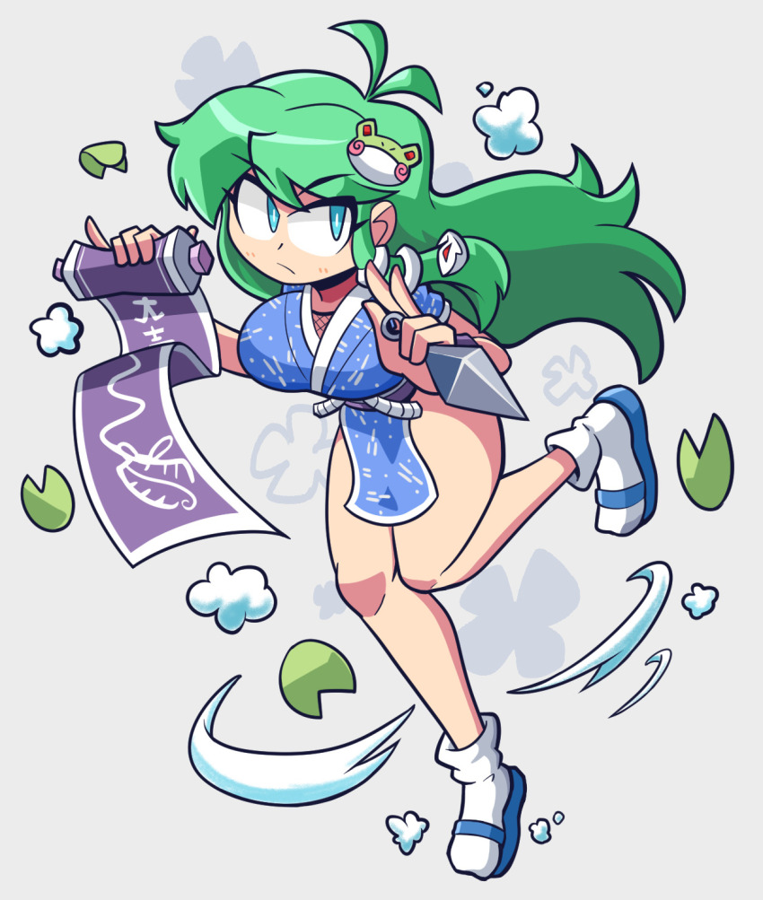 1girl alternate_costume antenna_hair bare_legs blue_eyes blue_shirt breasts bright_pupils cartoonized cloud frog_hair_ornament green_hair hair_ornament highres holding holding_scroll kevin_arthur kochiya_sanae kunai large_breasts lily_pad long_hair ninja sandals scroll shirt snake_hair_ornament socks solo standing standing_on_one_leg thick_thighs thighs toon_(style) touhou weapon white_pupils