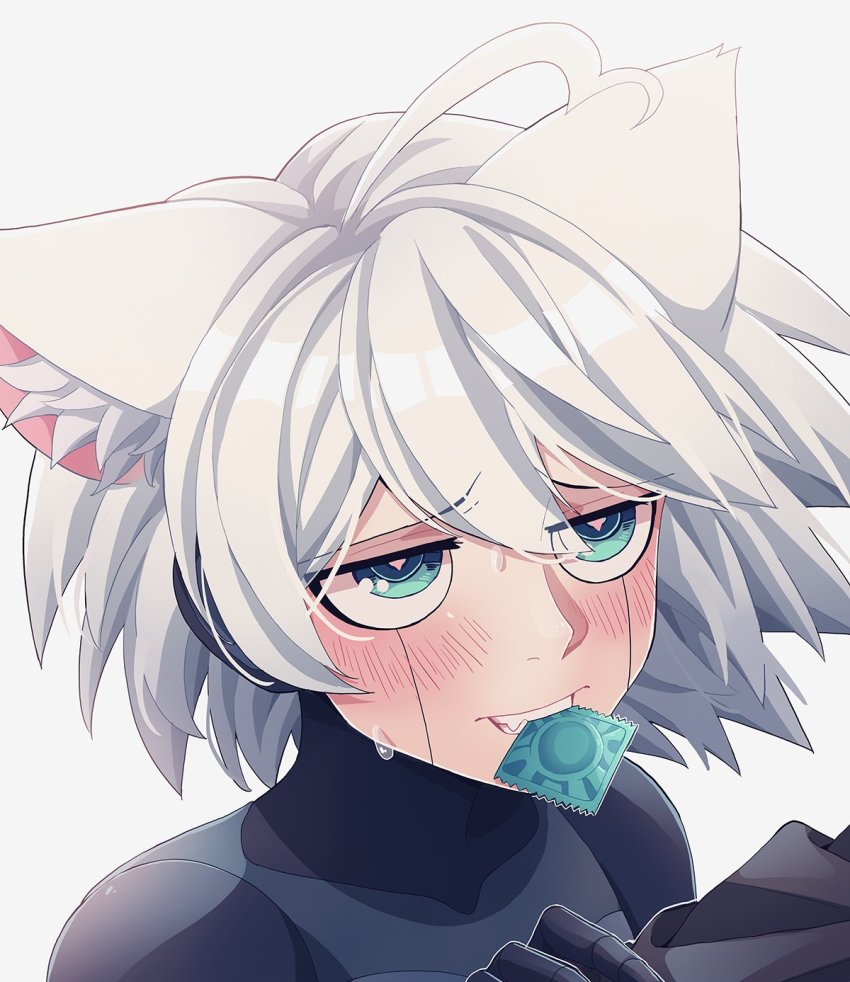 1boy ahoge android animal_ear_fluff animal_ears black_skin blush cat_ears colored_skin commentary condom condom_wrapper danganronpa_(series) danganronpa_v3:_killing_harmony english_commentary fang green_eyes grey_hair hand_up highres k1-b0 male_focus medium_hair mishmasz outline simple_background solo sweat white_background white_outline