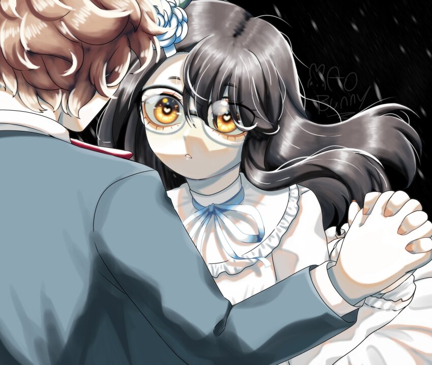 1boy 1girl bespectacled black_hair brown_eyes christine_daae christine_daae_(cosplay) commentary_request cosplay dress erik_(phantom_of_the_opera) erik_(phantom_of_the_opera)_(cosplay) flower glasses hachiouji_naoto hair_flower hair_ornament heart heart-shaped_pupils hetero highres holding_hands ijiranaide_nagatoro-san long_hair mao_bunny nagatoro_hayase phantom_of_the_opera spanish_commentary symbol-shaped_pupils white_dress