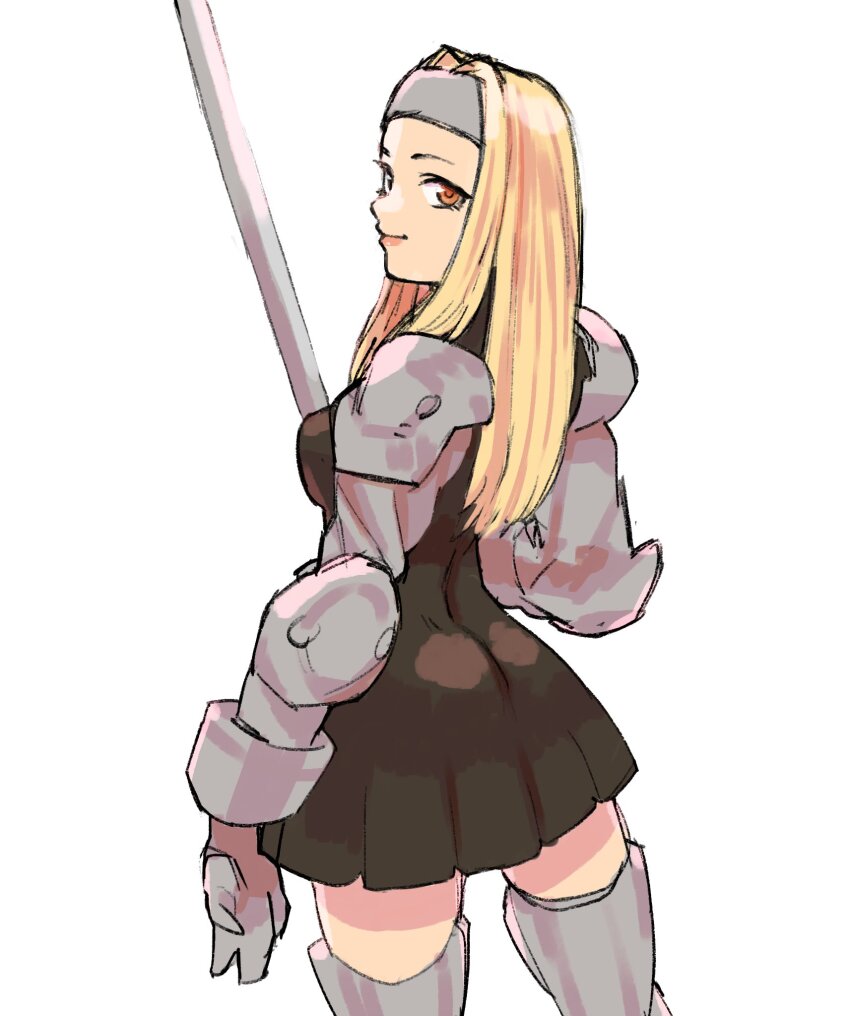 1girl armor armored_boots ass back blonde_hair boots brown_dress dress elbow_pads final_fantasy final_fantasy_tactics gan2 headband highres holding holding_sword holding_weapon long_hair looking_at_viewer red_eyes shoulder_pads smile solo squire_(fft) sword upper_body weapon white_background white_headband white_sleeves