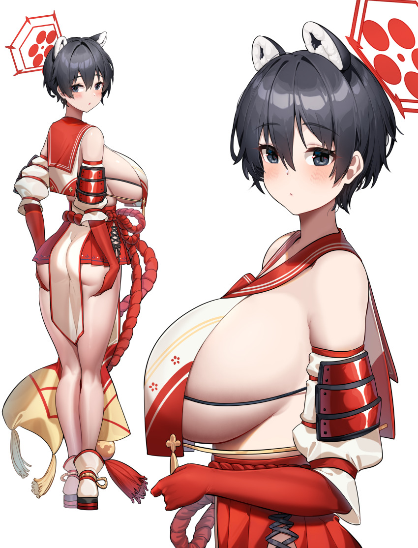 1girl :o absurdres animal_ears ass black_hair blue_archive breasts chinese_clothes couter dishui_tangni hair_between_eyes halo highres huge_breasts looking_at_viewer multiple_views open_mouth pelvic_curtain red_halo sailor_collar sandals short_hair sideboob simple_background tsubaki_(blue_archive) white_background