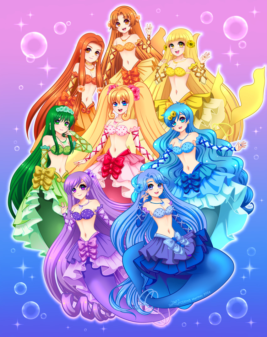 absurdres artist_name bikini bikini_top_only blonde_hair blue_bikini blue_bow blue_eyes blue_hair blue_skirt blush bow breasts bubble caren_(mermaid_melody_pichi_pichi_pitch) cleavage closed_mouth coco_(mermaid)_(mermaid_melody_pichi_pichi_pitch) coco_(mermaid_melody_pichi_pichi_pitch) collarbone detached_sleeves dress earrings fins fish_tail flower green_bikini green_bow green_eyes green_hair green_skirt hair_flower hair_ornament highres houshou_hanon houshou_hanon_(mermaid) ibispaint_(medium) jewelry large_breasts long_hair magical_girl maria_(mermaid_melody_pichi_pichi_pitch) mermaid mermaid_melody_pichi_pichi_pitch midriff monster_girl nanami_lucia nanami_lucia_(mermaid) navel necklace noel_(mermaid_melody_pichi_pichi_pitch) open_mouth orange_bikini orange_bow orange_eyes orange_hair orange_skirt pink_bikini pink_skirt polka_dot polka_dot_bikini purple_bikini purple_bow purple_eyes purple_hair purple_skirt red_bow sara_(mermaid_melody_pichi_pichi_pitch) seashell seira_(mermaid_melody_pichi_pichi_pitch) senturosema shell shell_necklace simple_background skirt smile swimsuit tail teeth touin_rina touin_rina_(mermaid) twintails upper_teeth_only wavy_hair yellow_bikini yellow_bow yellow_eyes yellow_skirt