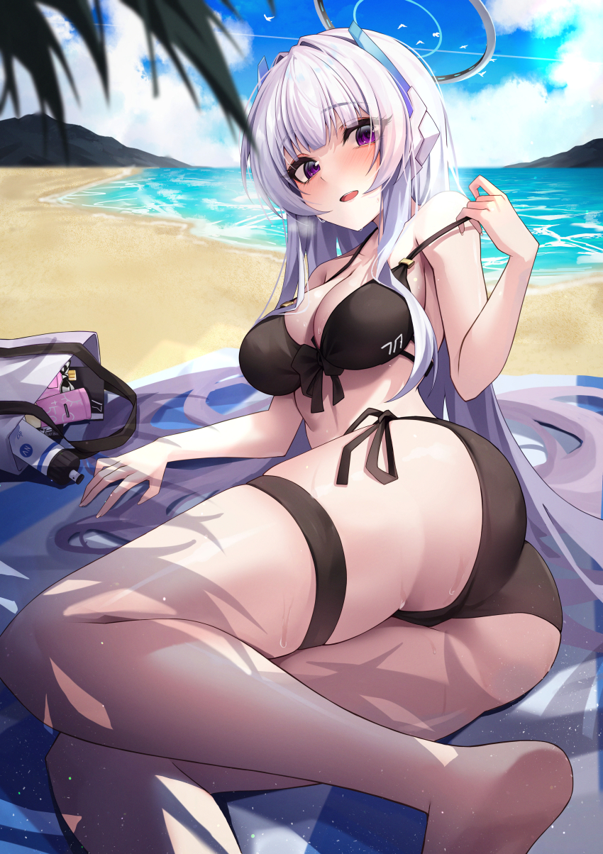 1girl absurdres bare_arms bare_legs bare_shoulders barefoot beach bikini black_bikini blue_archive blush breasts cleavage day grey_hair halo hidel highres large_breasts long_hair looking_at_viewer mechanical_halo noa_(blue_archive) ocean open_mouth outdoors purple_eyes solo swimsuit