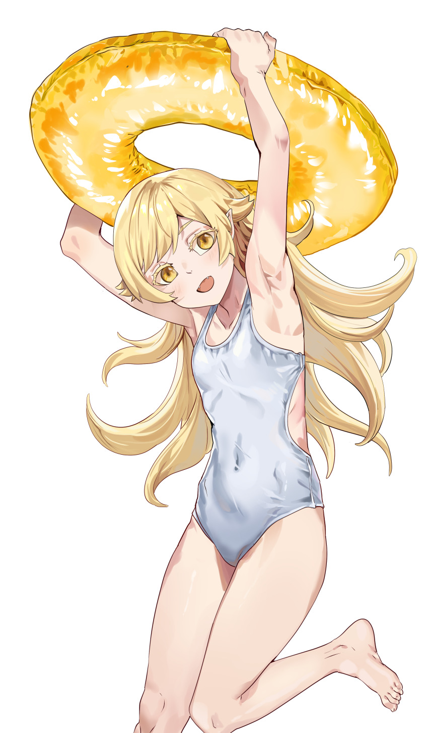 1girl absurdres armpits arms_up blonde_hair covered_navel fangs firstdayiyui flat_chest highres holding holding_swim_ring innertube long_hair looking_at_viewer monogatari_(series) one-piece_swimsuit open_mouth oshino_shinobu pointy_ears simple_background solo swim_ring swimsuit thighs white_background white_one-piece_swimsuit yellow_eyes