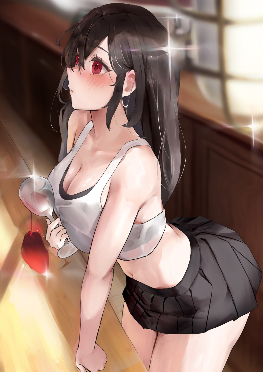 1girl alcohol arm_support bare_arms bare_shoulders black_hair black_skirt black_sports_bra blurry blurry_background blush bra bra_peek breasts cleavage closed_mouth cowboy_shot crop_top crossed_bangs cup drinking_glass expressionless eyelashes final_fantasy final_fantasy_vii from_side hair_behind_ear hair_between_eyes hand_on_table holding holding_cup large_breasts leaning_forward long_hair looking_ahead midriff miniskirt navel pleated_skirt red_eyes sidelocks skirt solo sparkle spilling sports_bra standing straight_hair table tank_top tifa_lockhart underwear white_tank_top wine wine_glass yawww_(yawwwart)