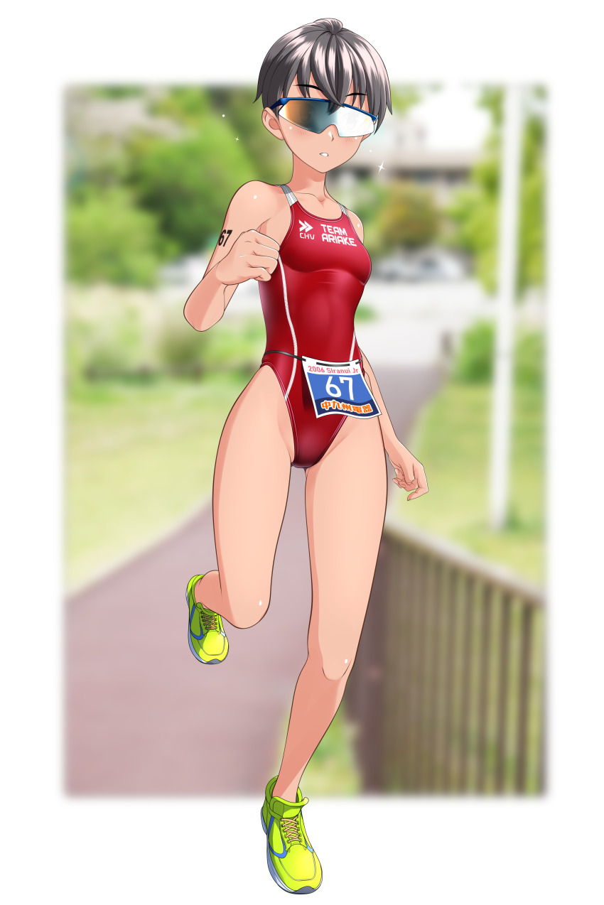 1girl absurdres black_hair blurry blurry_background breasts brown_eyes clothes_writing commentary_request competition_swimsuit covered_navel full_body green_footwear highleg highleg_one-piece_swimsuit highres large_variant_set one-piece_swimsuit original race_bib railing red_one-piece_swimsuit road running short_hair small_breasts solo sunglasses swimsuit takafumi tomboy triathlon two-tone_swimsuit variant_set