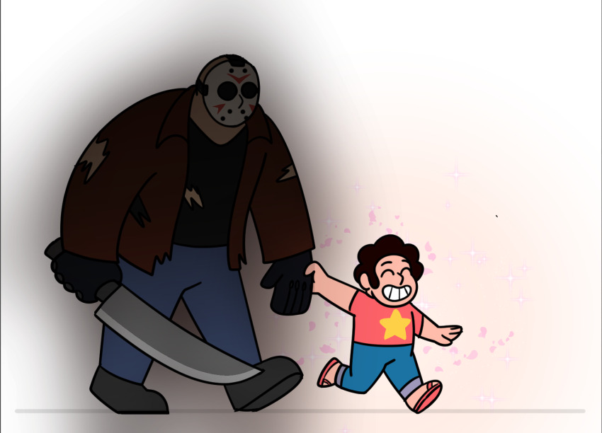 2boys aura black_hair dark_aura forehead_jewel friday_the_13th gloves hockey_mask holding holding_hands jacket jason_voorhees machete mask mask_on_head multiple_boys multiversus poshtearexdoodles shirt short_hair steven_quartz_universe steven_universe torn_clothes torn_jacket weapon