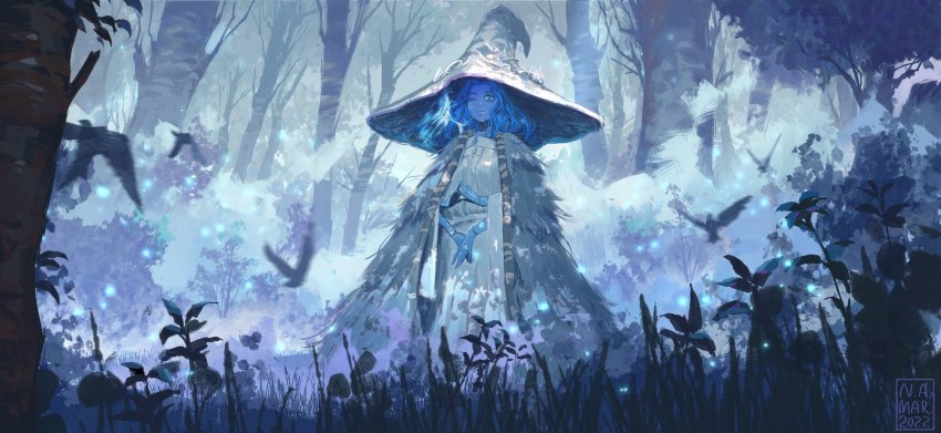 1girl absurdres bird blue_eyes blue_hair blue_skin blue_theme cloak closed_mouth colored_skin dress elden_ring extra_arms extra_faces forest fur_cloak grass hat highres jef_wu looking_at_viewer nature one_eye_closed own_hands_together ranni_the_witch signature solo standing steepled_fingers tree white_dress white_hat wide_shot witch_hat