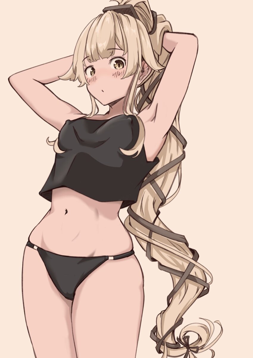 1girl arm_behind_head black_camisole black_panties blonde_hair brown_eyes camisole chakoru cowboy_shot hair_flaps hair_ribbon highres kantai_collection long_hair looking_at_viewer navel panties pink_background ponytail ribbon simple_background solo underwear very_long_hair yura_(kancolle)