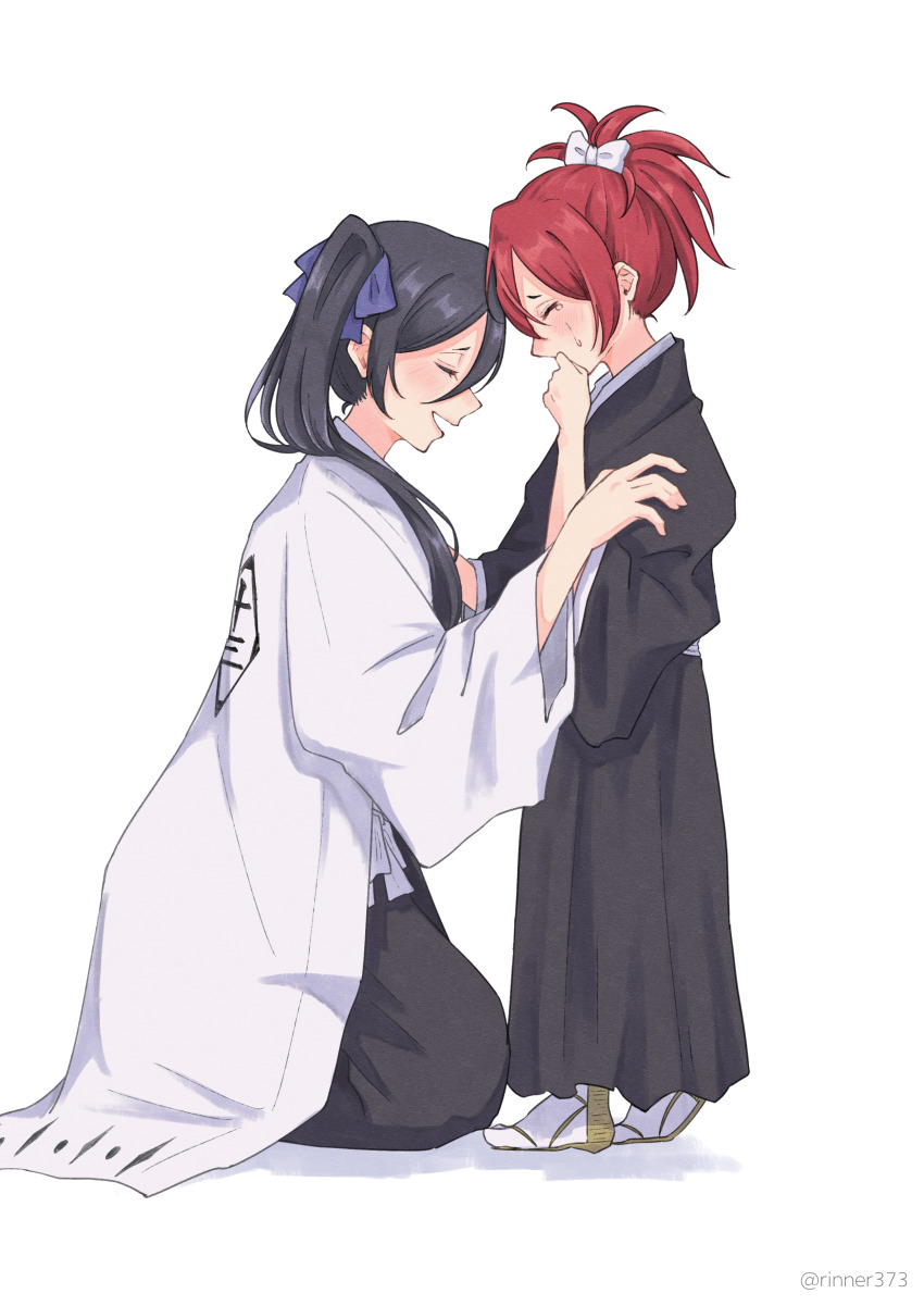 2girls abarai_ichika absurdres black_hair black_kimono bleach bleach:_epilogue blue_ribbon blush bow child closed_eyes commentary_request covered_mouth crying facing_another from_side full_body hair_between_eyes hair_bow hair_ribbon hand_on_another&#039;s_shoulder hand_up haori high_ponytail highres hug japanese_clothes kimono kneeling kuchiki_rukia long_hair long_sleeves medium_hair mother_and_daughter multiple_girls official_alternate_costume open_mouth profile raised_eyebrows red_hair ribbon rinner373 shihakusho short_eyebrows side_ponytail simple_background smile spoilers standing straight_hair streaming_tears taichou_haori tears twitter_username white_background white_bow white_kimono wide_sleeves