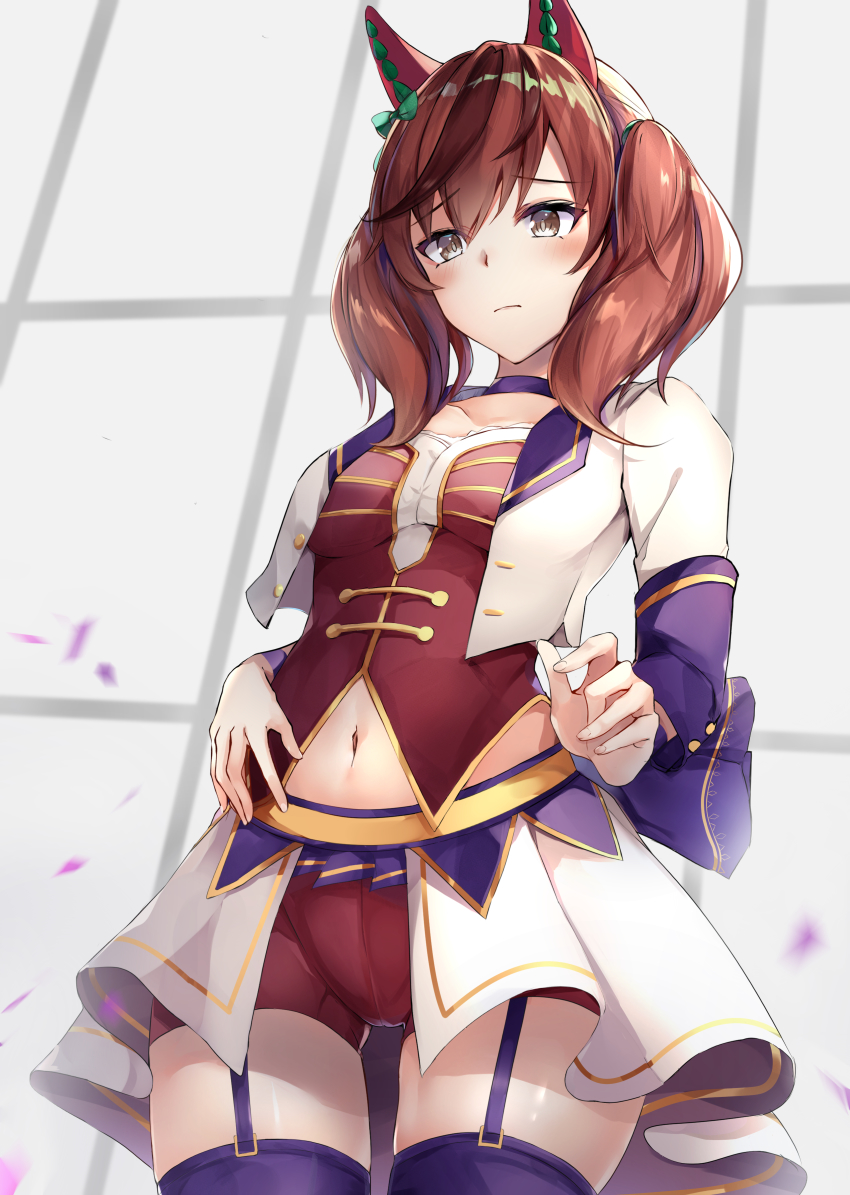 1girl absurdres bad_id bad_pixiv_id blush breasts brown_eyes brown_hair collarbone commentary cowboy_shot cropped_jacket ear_covers garter_straps highres horse_girl jacket kurohikage long_hair long_sleeves looking_at_viewer midriff navel nice_nature_(umamusume) open_clothes open_jacket purple_thighhighs red_shorts red_vest short_shorts shorts solo standing starting_future_(umamusume) thighhighs twintails umamusume vest white_jacket