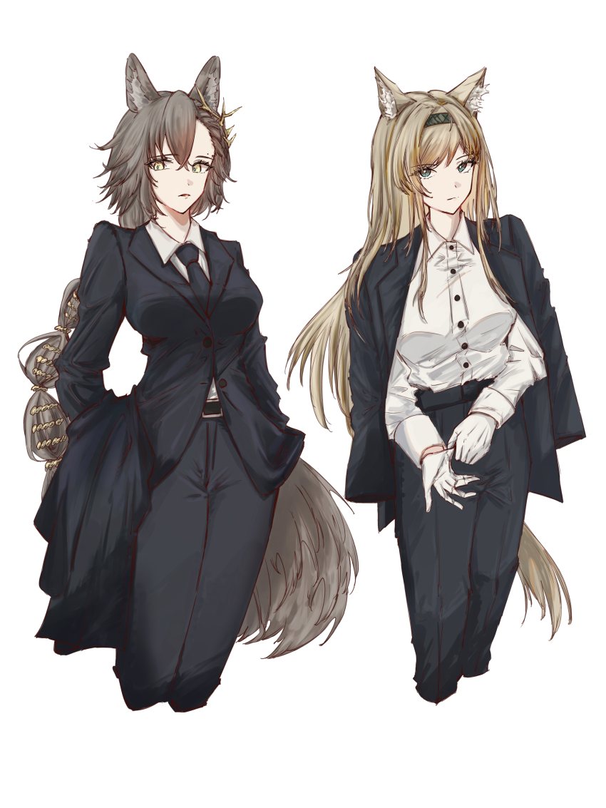 2girls absurdres animal_ear_fluff animal_ears arknights black_hairband black_jacket black_necktie black_pants blonde_hair blue_eyes braid breasts brown_hair buttons cheddar_n closed_mouth collared_shirt cropped_legs gloves hair_between_eyes hairband hands_in_pockets highres horn_(arknights) jacket jewelry lapels long_hair long_sleeves looking_at_viewer mole mole_above_eye multiple_girls necktie notched_lapels pants penance_(arknights) prted_lips shirt tail white_background white_gloves white_shirt wing_collar wolf_ears wolf_girl wolf_tail yellow_eyes