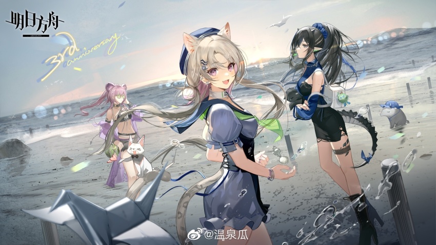 animal_ears arknights bare_shoulders bikini black_bikini black_choker black_shorts blacknight_(arknights) blue_sky breasts choker cowboy_shot day eyewear_on_head hair_between_eyes head_tilt highres jacket kazemaru_(arknights) lin_(arknights) long_hair looking_at_viewer medium_breasts mouse_ears navel off_shoulder official_alternate_costume one_eye_closed outdoors pink_hair purple_eyes purple_jacket short_shorts shorts sky solo standing stomach sunglasses swimsuit thigh_strap thighs wenquangua