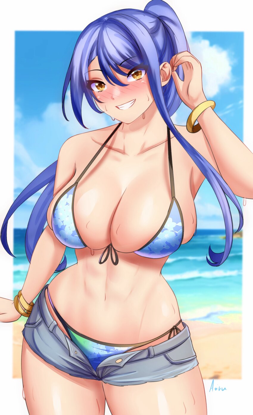 absurdres anisdrawn beach bikini blue_bikini blue_hair blue_sky blush border bracelet breasts cloud commentary commission eiyuu_densetsu english_commentary falcom floating_hair grin hair_between_eyes highres jewelry large_breasts laura_s._arseid long_hair looking_at_viewer ocean outdoors parted_bangs partially_unzipped ponytail second-party_source sen_no_kiseki_(series) sen_no_kiseki_i shorts sidelocks signature sky smile swimsuit toned toned_female white_border yellow_eyes