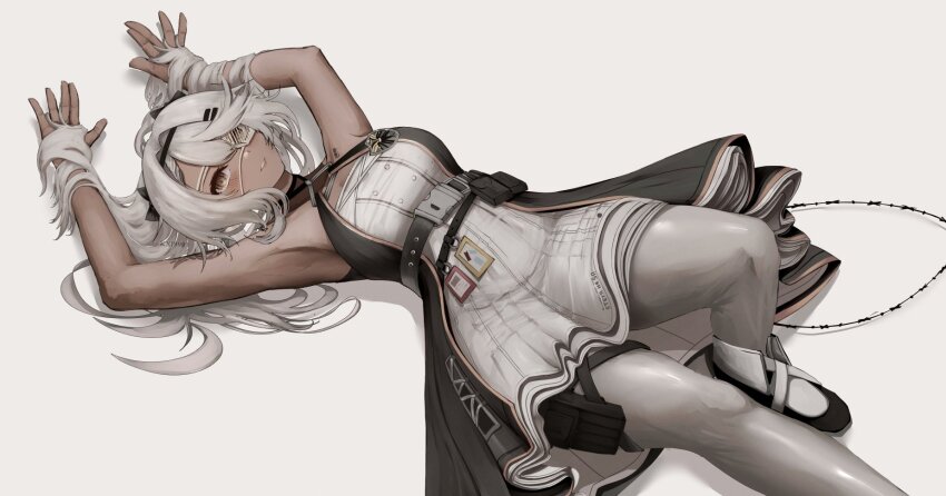 1girl armpits black_dress breasts brown_eyes commentary dark-skinned_female dark_skin dress english_commentary eyepatch girls&#039;_frontline grey_hair hands_in_own_hair highres hs.50_(girls&#039;_frontline) kainines long_hair looking_at_viewer lying on_back pantyhose parted_lips pouch simple_background smile solo thigh_pouch two-tone_dress white_background white_dress white_pantyhose