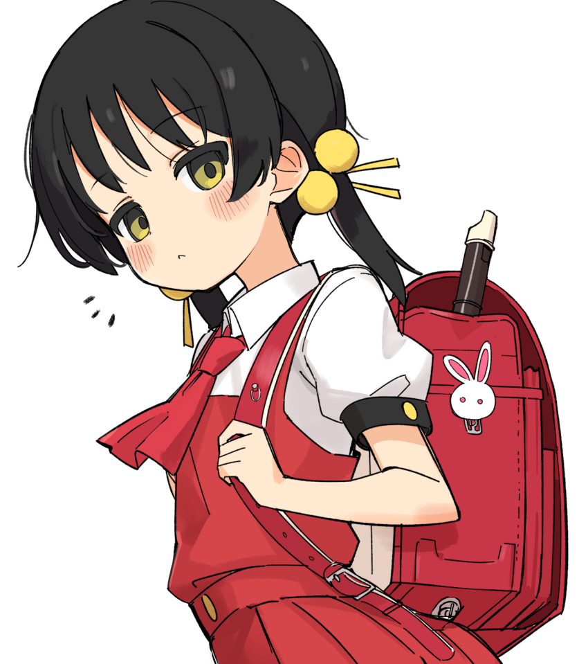 1girl ascot backpack bag black_hair blush collared_shirt dress flute fusazakura hair_ornament highres instrument kaai_yuki kaai_yuki_(vocaloid4) kyoufuu_all_back_(vocaloid) light_frown low_twintails pleated_skirt puffy_short_sleeves puffy_sleeves randoseru recorder red_ascot red_bag red_dress shirt short_sleeves short_twintails skirt strap twintails white_shirt yellow_eyes