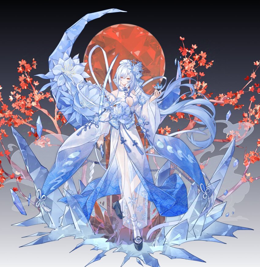 1girl alternate_costume blue_dress branch breasts cleavage coldeye crystal_sword dress full_body high_ponytail highres honkai:_star_rail honkai_(series) huge_moon ice ice_shard jingliu_(honkai:_star_rail) moon red_eyes red_moon see-through_clothes see-through_dress solo sword weapon white_hair