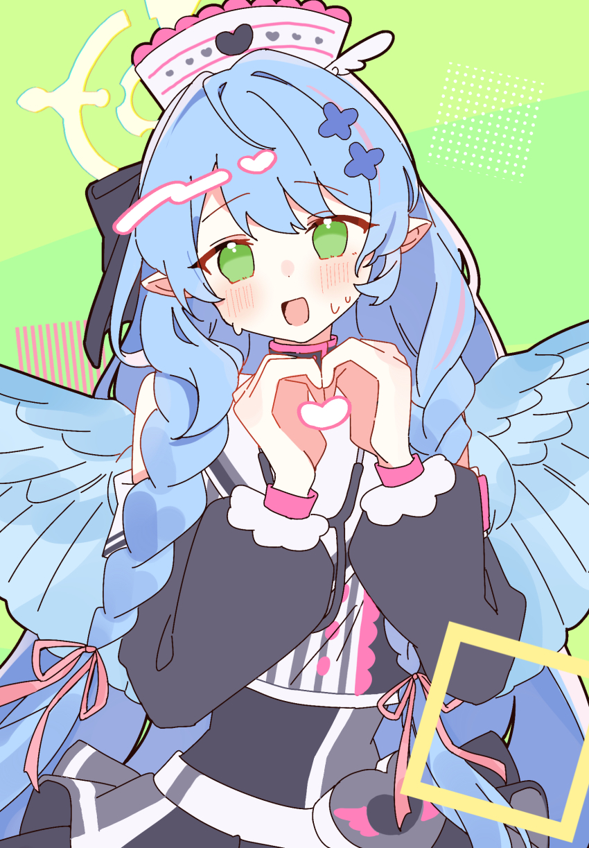 1girl blue_archive blue_hair blue_wings blush braid dress green_background green_eyes halo hat heart heart_hands heart_in_heart_hands highres long_hair mine_(blue_archive) nurse_cap pointy_ears rco_as stethoscope sweat twin_braids wings