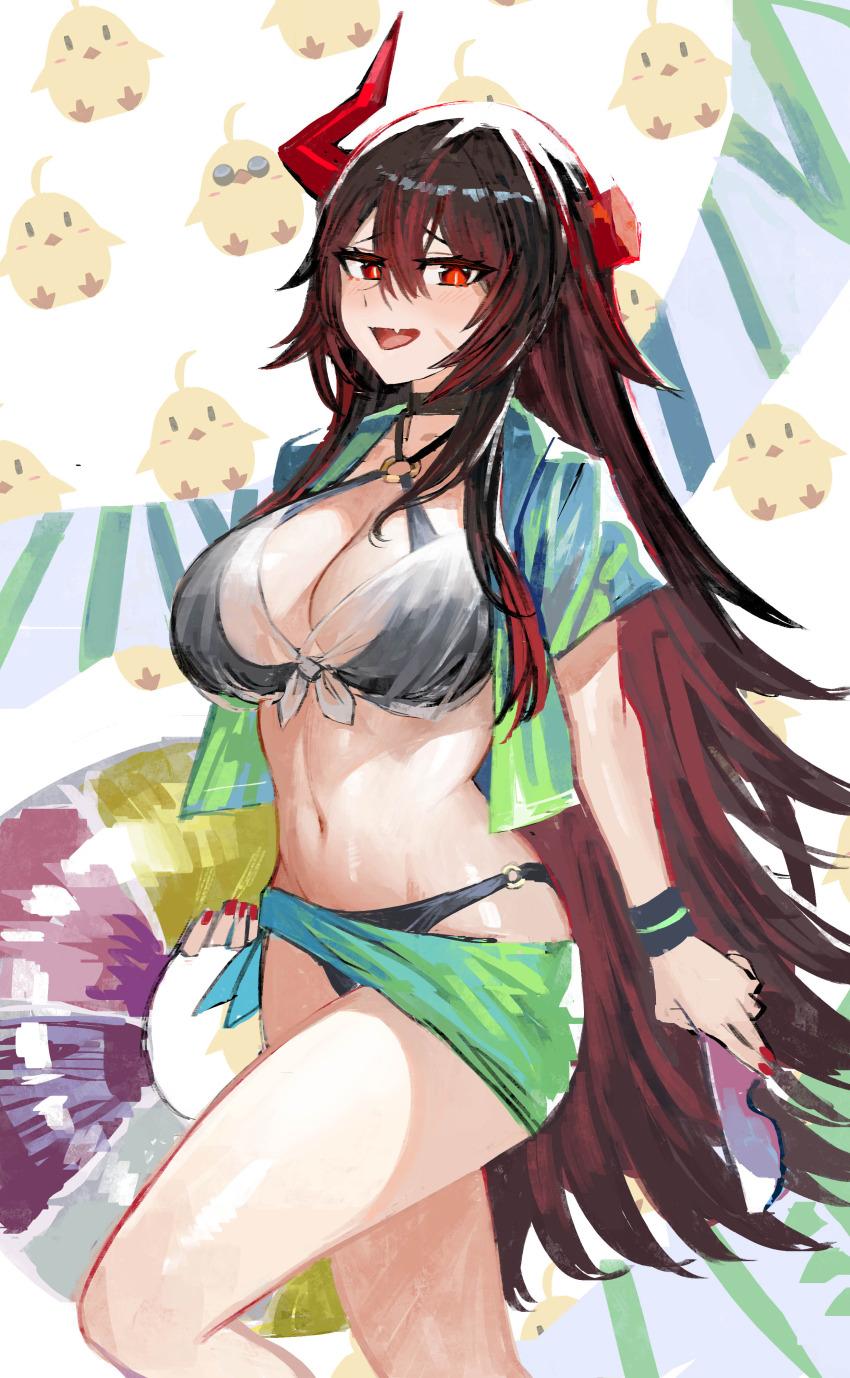 1girl absurdres azur_lane bikini black_hair breasts cleavage fang highres horns kaki_z3 large_breasts long_hair looking_at_viewer magdeburg_(azur_lane) magdeburg_(gone_fishing)_(azur_lane) manjuu_(azur_lane) multicolored_hair nail_polish navel red_eyes see-through_clothes see-through_shirt solo sunglasses swimsuit