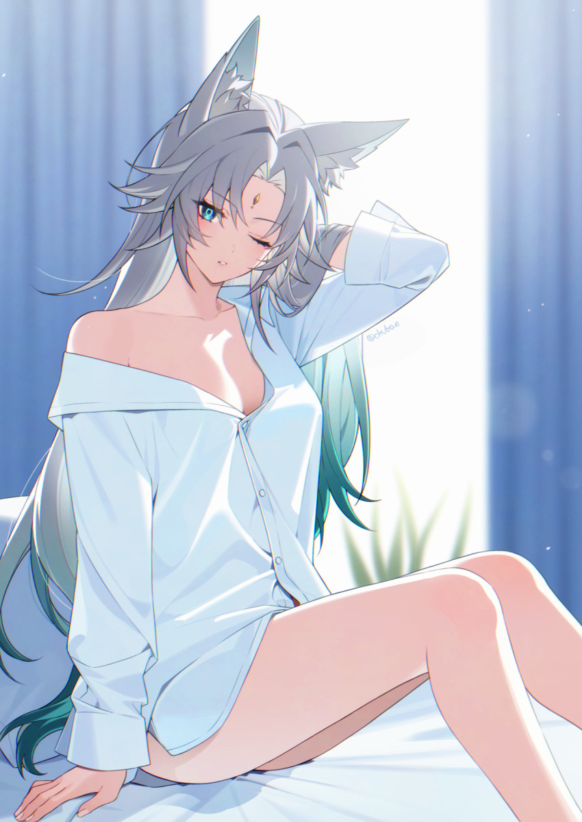 1girl animal_ear_fluff animal_ears artist_name bare_legs bechu blurry blurry_background breasts cleavage collarbone commentary curtains feet_out_of_frame feixiao_(honkai:_star_rail) forehead_jewel fox_ears fox_girl gradient_hair green_eyes green_hair highres honkai:_star_rail honkai_(series) indoors knees_up legs long_hair long_sleeves looking_at_viewer medium_breasts multicolored_hair naked_shirt on_bed one_eye_closed parted_bangs parted_lips revision shirt single_off_shoulder sitting solo symbol-only_commentary thighs very_long_hair white_hair white_shirt window