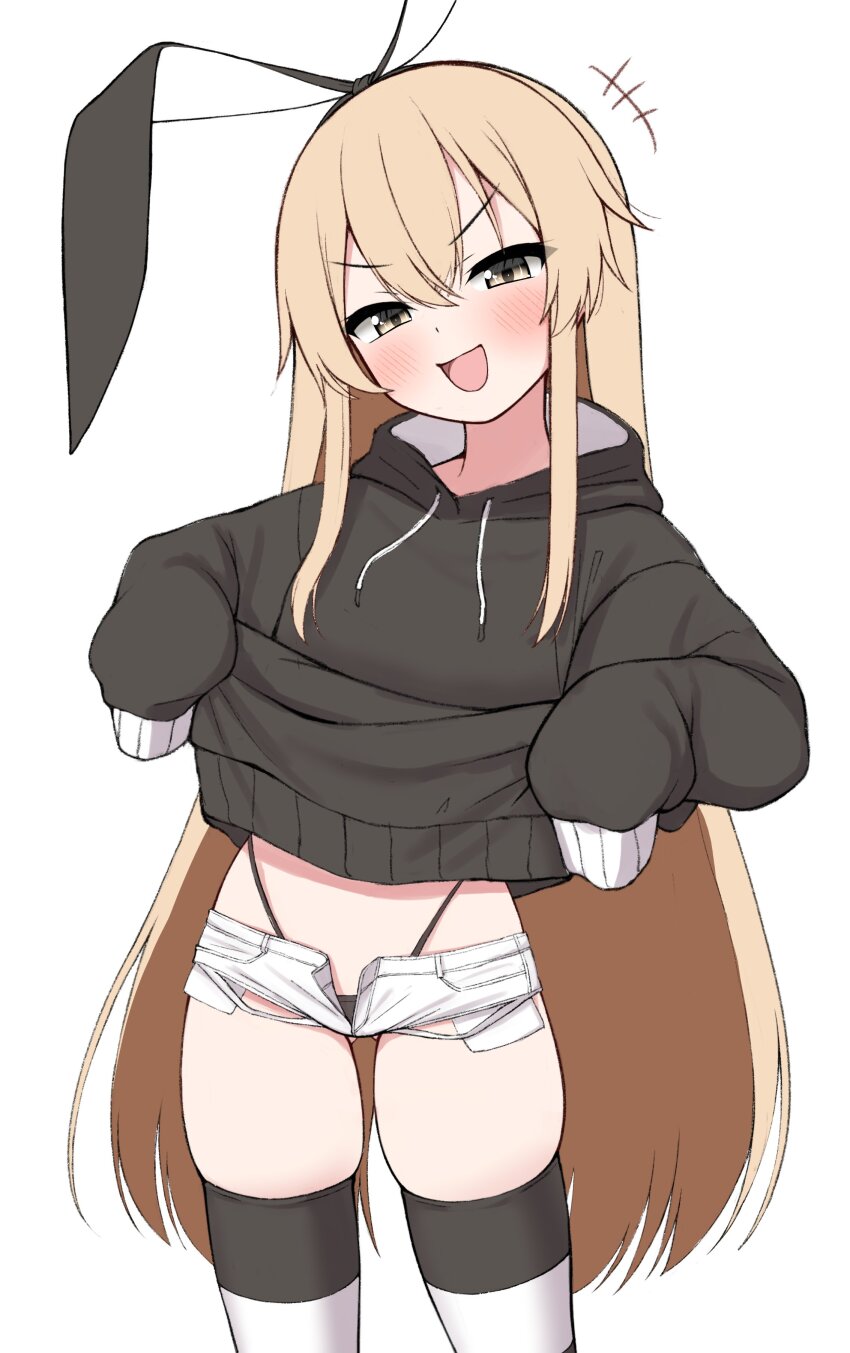 +++ 1girl :d absurdres alternate_costume black_bow black_hoodie blonde_hair blush bow clothes_lift cowboy_shot hair_between_eyes hair_bow highres hood hood_down hoodie kantai_collection lifting_own_clothes long_hair long_sleeves looking_at_viewer micro_shorts open_mouth shimakaze_(kancolle) shirt_lift shorts simple_background skindentation sleeves_past_fingers sleeves_past_wrists smile solo striped_clothes striped_thighhighs thighhighs thong tiemu_(man190) v-shaped_eyebrows very_long_hair white_background white_shorts yellow_eyes