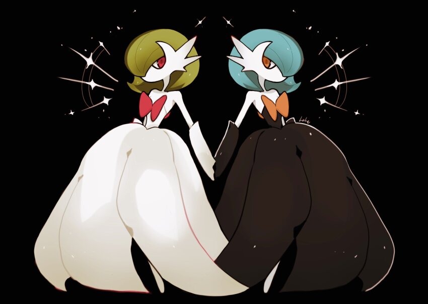 black_background black_dress black_gloves blue_hair bob_cut colored_skin creatures_(company) dress elbow_gloves game_freak gardevoir gen_3_pokemon gloves green_hair hair_over_one_eye highres holding_hands lole_pokemon mega_gardevoir mega_pokemon nintendo no_feet orange_eyes pink_eyes pokemon pokemon_(creature) signature simple_background strapless strapless_dress white_dress white_gloves white_skin