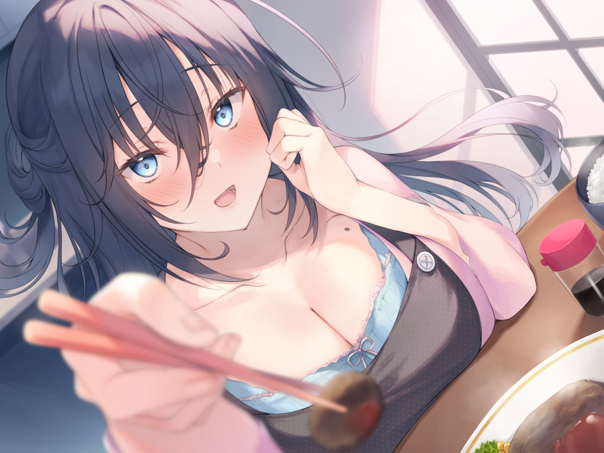 1girl :d aotsu_karin black_hair black_overalls blue_bra blue_eyes blurry blush bowl bra breasts chopsticks cleavage collarbone depth_of_field dutch_angle hair_between_eyes hamburger_steak highres holding holding_chopsticks jacket long_hair looking_at_viewer medium_breasts mole mole_on_chest non-web_source open_mouth original overalls pink_jacket plate pov rice rice_bowl sidelocks sitting smile solo soy_sauce table underwear