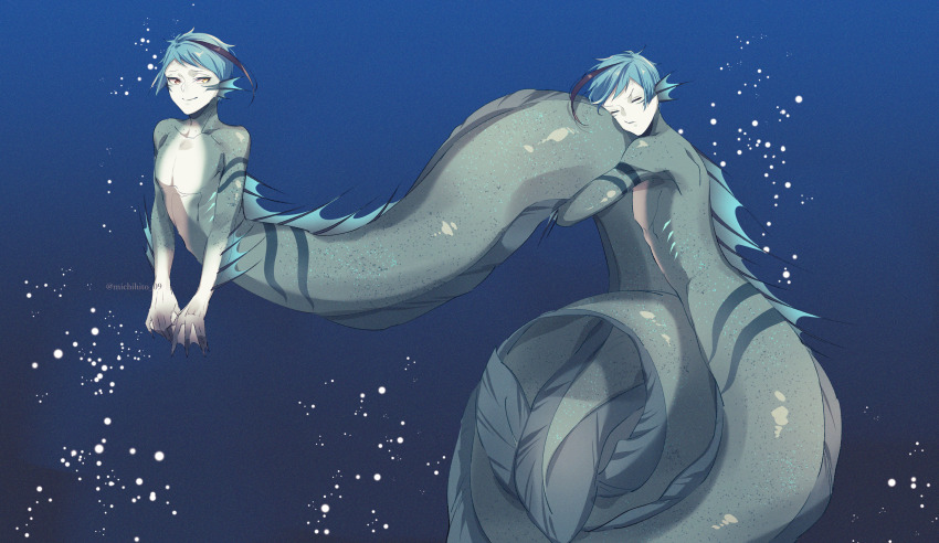 2boys absurdres air_bubble blue_background blue_hair blue_skin brothers bubble colored_skin eel_boy fins floyd_leech full_body gills head_fins highres hugging_another&#039;s_tail hugging_tail intertwined_tails jade_leech male_focus michihito monster_boy multiple_boys short_hair siblings tail twins twisted_wonderland underwater webbed_hands