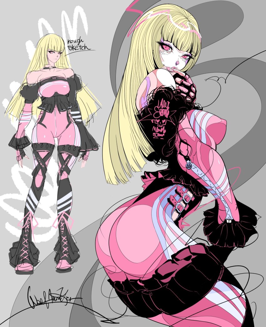 1girl ass bare_shoulders blonde_hair bodysuit breasts covered_erect_nipples emilie_de_rochefort fingerless_gloves from_side gloves large_breasts long_hair pink_eyes tekken wolfmarker