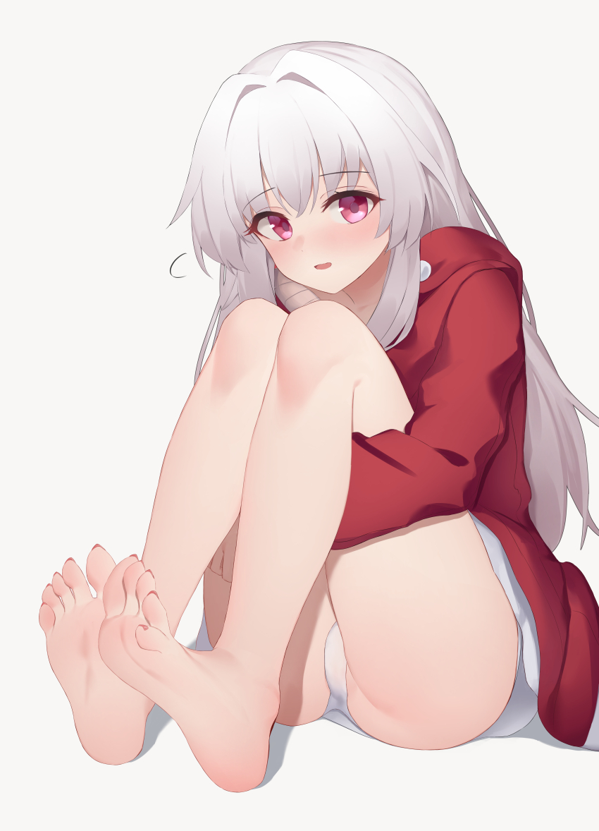 1girl absurdres ayaya_(ayaya_ri) barefoot blush clara_(honkai:_star_rail) feet foot_focus full_body highres honkai:_star_rail honkai_(series) jacket knees_up long_hair long_toenails looking_at_viewer open_mouth panties purple_eyes red_jacket simple_background sitting soles solo textless_version toenails toes underwear white_background white_hair white_panties