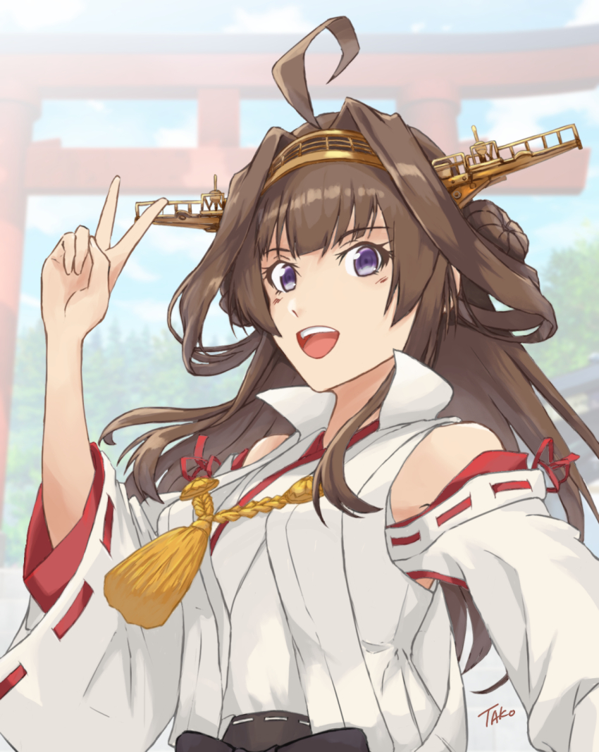 1girl ahoge brown_hair chuchu_tako detached_sleeves double_bun hair_bun headgear highres kantai_collection kongou_(kancolle) kongou_kai_ni_(kancolle) long_hair nontraditional_miko open_mouth popped_collar purple_eyes ribbon-trimmed_sleeves ribbon_trim smile solo teeth torii upper_body upper_teeth_only v