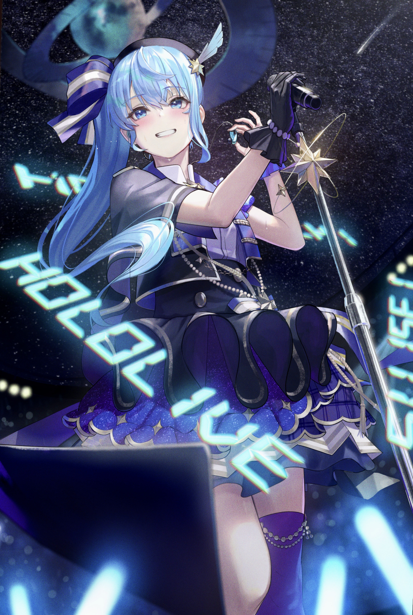 1girl absurdres black_hat blue_eyes blue_hair blue_ribbon blush commentary_request cropped_jacket earphones earphones_removed gloves glowstick grin hair_between_eyes hair_ribbon hat highres holding holding_earphones holding_microphone hololive hoshimachi_suisei idol layered_skirt long_hair looking_at_viewer looking_away microphone ribbon shakkiyi side_ponytail single_glove single_thighhigh skirt sky smile solo standing star_(sky) star_(symbol) star_in_eye starry_sky sweat symbol_in_eye thighhighs virtual_youtuber