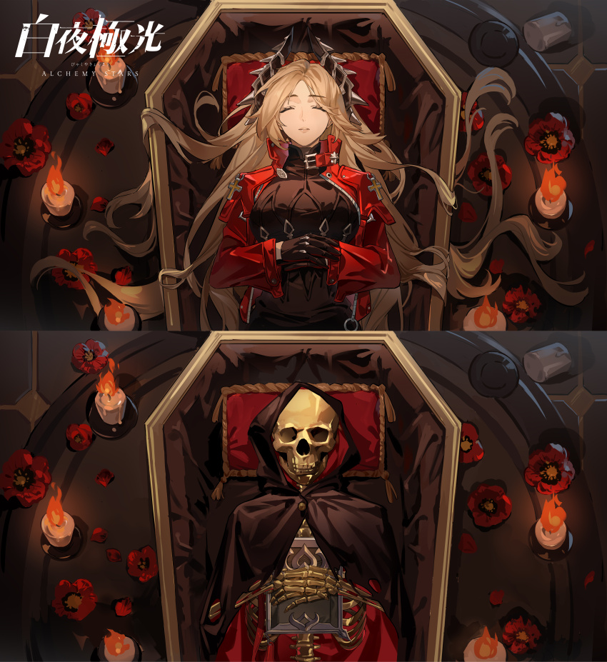 1girl absurdres alchemy_stars black_cape black_gloves black_shirt blonde_hair box candle cape closed_eyes coffin copyright_name fire flower from_above gloves hair_spread_out hand_on_own_stomach highres hood hooded_cape horns in_box in_container jacket logo long_hair lying official_art on_back own_hands_together parted_lips red_flower red_jacket shirt skeleton skull solo upper_body very_long_hair victoria_(alchemy_stars) wufaxianshi_cnd