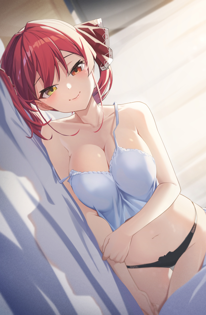 1girl black_panties blush breasts camisole chinese_commentary cleavage closed_mouth collarbone commentary_request hair_ribbon happy heterochromia highres hololive houshou_marine indoors large_breasts looking_at_viewer lying medium_hair navel off_shoulder on_side panties red_eyes red_hair red_ribbon reulem ribbon single_off_shoulder smile solo stomach television twintails underwear underwear_only upper_body virtual_youtuber white_camisole yellow_eyes