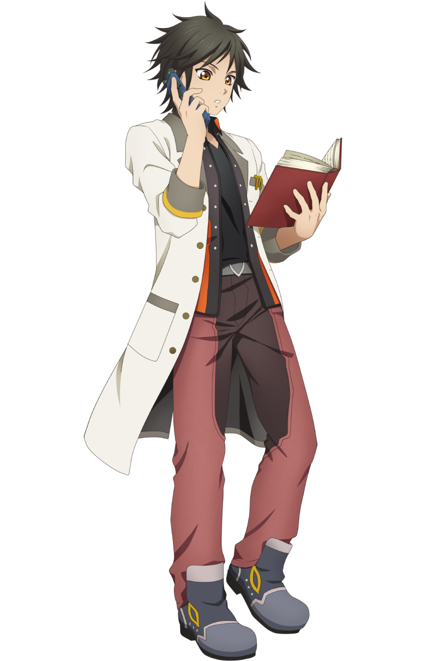 1boy black_hair black_shirt book boots cellphone coat full_body highres holding holding_book holding_phone jude_mathis male_focus official_art open_clothes open_coat pants phone shirt short_hair solo tales_of_(series) tales_of_asteria tales_of_xillia tales_of_xillia_2 transparent_background yellow_eyes