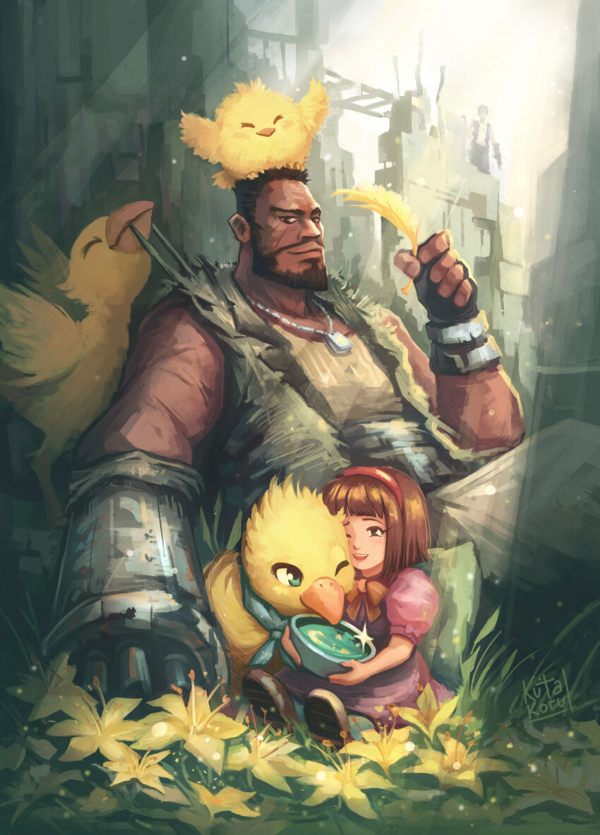 1boy 1girl arm_cannon artist_name barret_wallace beard bird black_gloves blunt_bangs blunt_ends bow bowl brown_eyes brown_hair child chocobo commentary creature dark-skinned_male dark_skin day dog_tags dress dzeta english_commentary facial_hair facial_scar father_and_daughter feathers final_fantasy final_fantasy_vii fingerless_gloves flower full_beard gloves green_vest hairband headband highres holding holding_bowl holding_feather light_rays light_smile lily_(flower) looking_at_viewer making-of_available marlene_wallace medium_hair muscular muscular_male mustache pink_dress plant prosthetic_weapon puffy_short_sleeves puffy_sleeves red_headband ruins scar scar_on_cheek scar_on_face shoes short_hair short_sleeves signature sitting size_difference sleeveless sparkle sunbeam sunlight torn_clothes vest weapon yellow_bird yellow_feathers yellow_flower