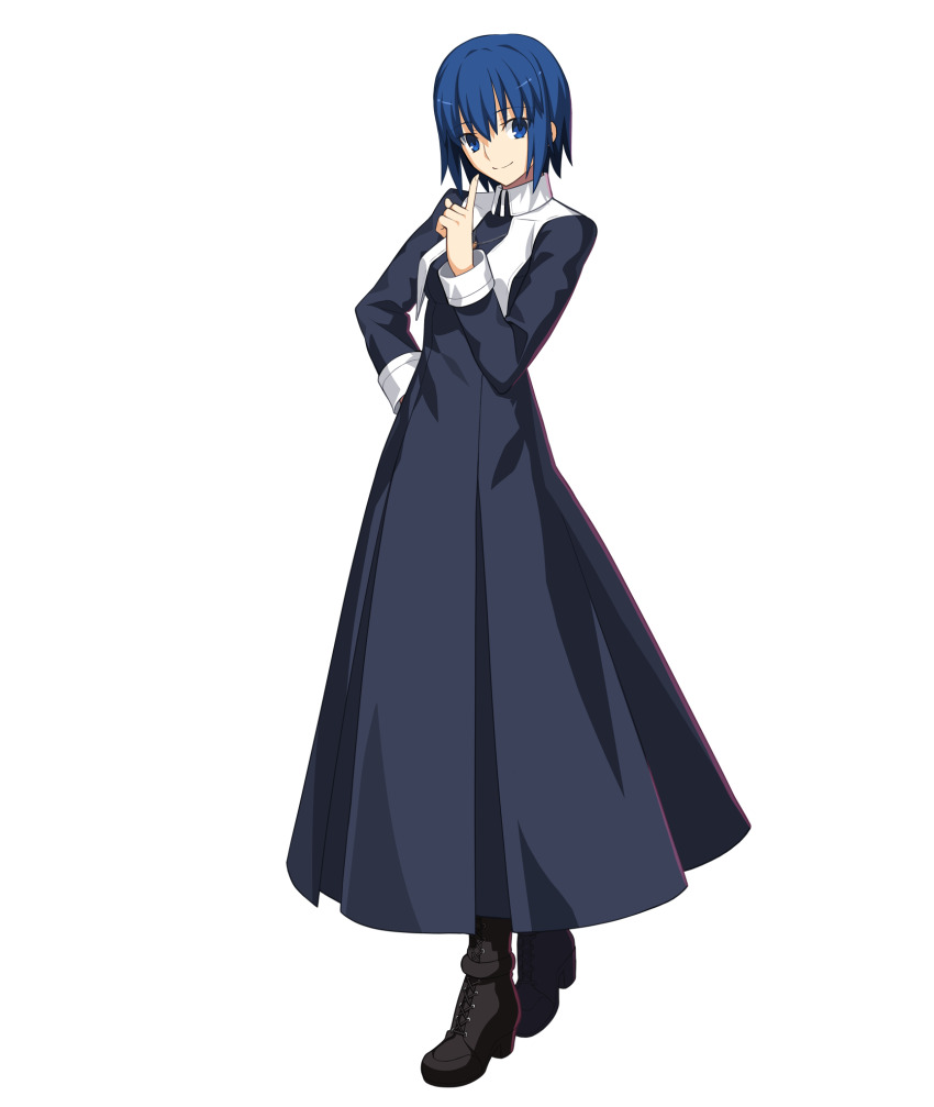 1girl ahoge anime_coloring black_footwear black_tunic blue_eyes blue_hair blue_pupils bob_cut boots breasts ciel_(tsukihime) collar cross cross_necklace fingernails game_cg guimpe habit hand_on_own_hip highres holding index_finger_raised jewelry latin_cross legs_apart long_sleeves looking_to_the_side medium_breasts melty_blood melty_blood:_type_lumina narrow_waist necklace non-web_source nun official_art parted_lips short_hair sidelighting simple_background skinny sleeve_cuffs smile solo standing takeuchi_takashi traditional_nun transparent_background tsukihime tsukihime_(remake) tunic type-moon white_collar white_sleeve_cuffs wing_collar